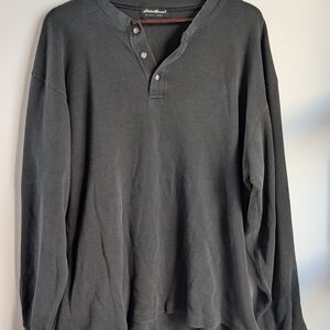 Eddie Bauer Men’s Vintage Waffle Knit Henley Long Sleeve Shirt Charcoal Gray XL